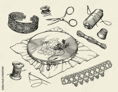 Sewing notions, macrame. Hand drawn embroidery hoop, thread, needle, thimble, beading, beadwork, needlework. Vector illustration