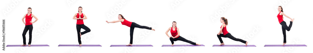 Young female doing exercises on white Young female doing exercises on white