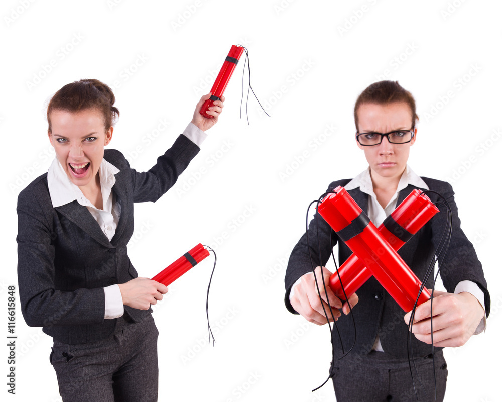 Woman businesswoman with dynamite stick isolated on white Woman businesswoman with dynamite stick isolated on white