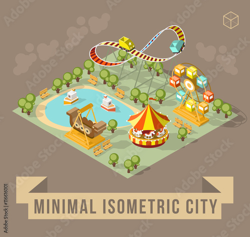 Set of Isolated Isometric Minimal City Elements. Theme Park with Shadows on Dark Background.
