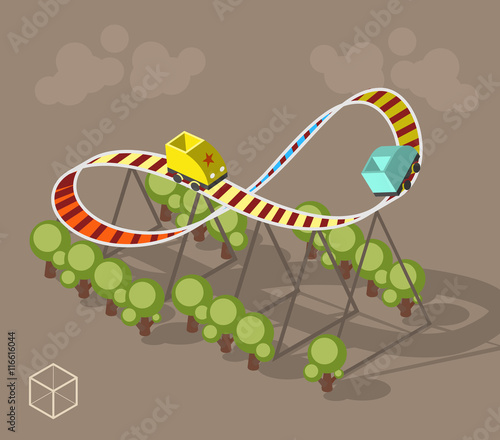 Set of Isolated Isometric Minimal City Elements. Roller Coaster with Shadows on Dark Background.