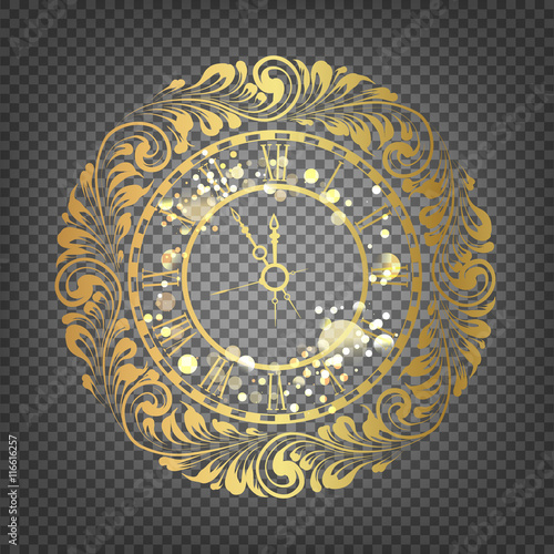 Golden time - symbol of 2017 year. Golden christmas clock decoration on glitter over the black background. Christmas card with icon of the golden time. Transparent vector illustration.