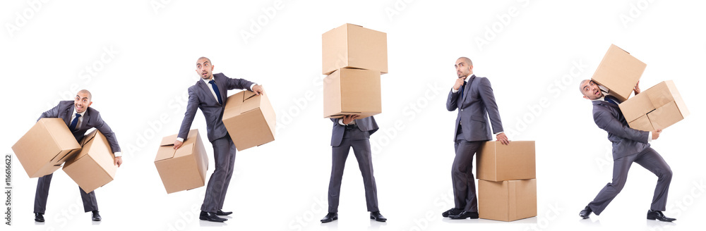 Collage of photos with man and boxes Collage of photos with man and boxes