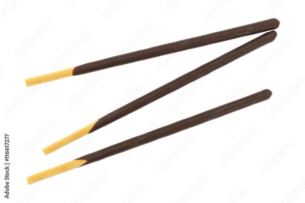 Chocolate on a cookie sticks isolated on a white background. Chocolate on a cookie sticks isolated on a white background.
