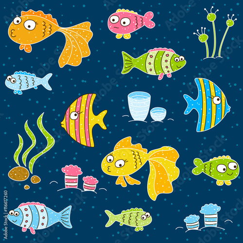 Seamless pattern with cute cartoon fishes