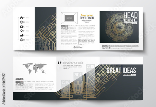 Set of tri-fold brochures, square design templates. Round golden technology pattern on dark background, mandala template with connecting lines and dots, connection structure. Digital scientific vector
