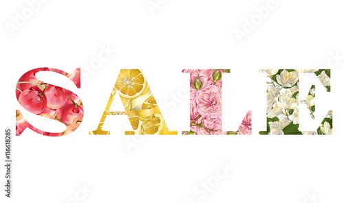Vector summer sale banner with fruits and flowers. Design for natural cosmetic, perfume, fashion, juice, tea, farmers market.