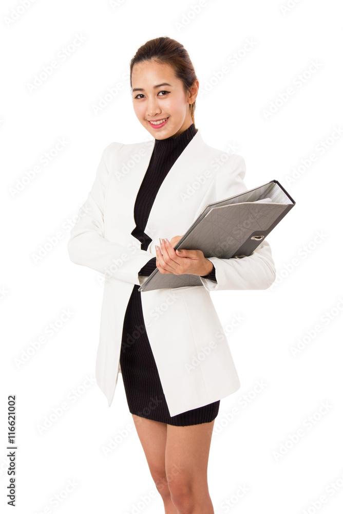 Asian Young Attractive Business Woman With Documents On White Background.