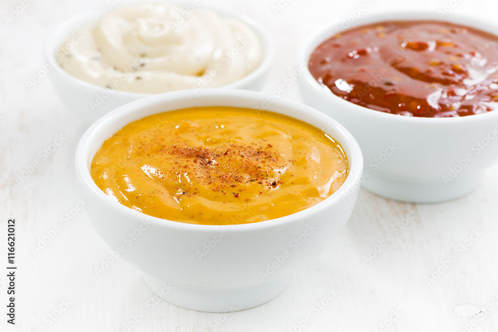 assortment various sauces in bowls assortment various sauces in bowls