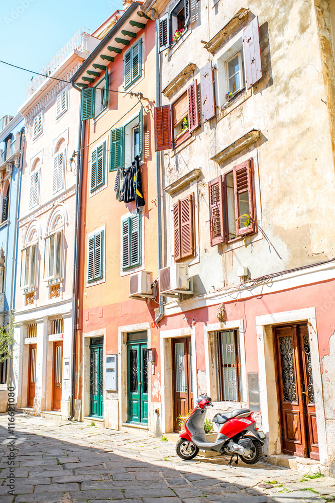Old colorful buildings in Piran town in southwestern Slovenia