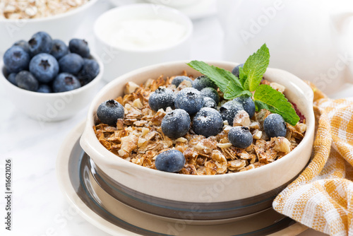 berry crumble with oatmeal in a ceramic form on white table