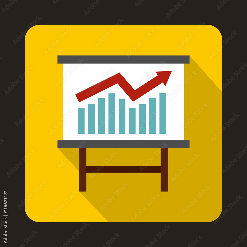 Growing chart presentation icon in flat style on a yellow background Growing chart presentation icon in flat style on a yellow background