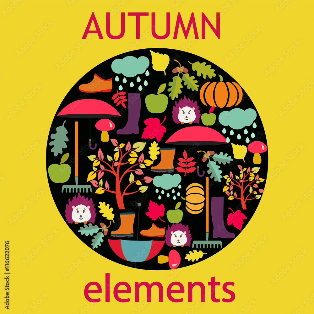 Set icon of cartoon autumn elements Cute design- illustration