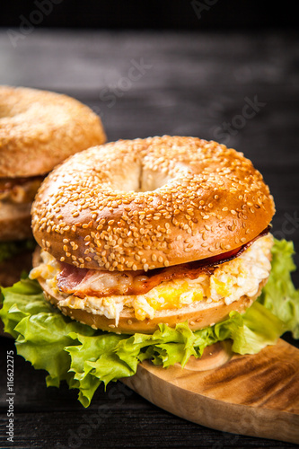 Bagel with bacon and egg
