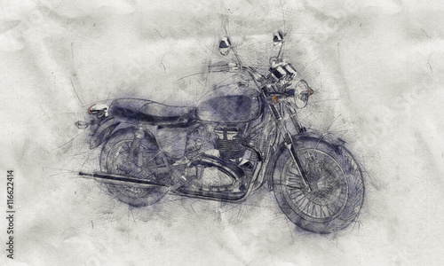 Grunge aged pencil sketch of a motorcycle