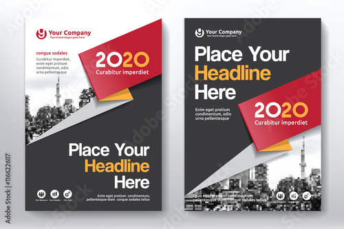 Red Color Scheme with City Background Business Book Cover Design Template in A4. Easy to adapt to Brochure, Annual Report, Magazine, Poster, Corporate Presentation, Portfolio, Flyer, Banner, Website.
