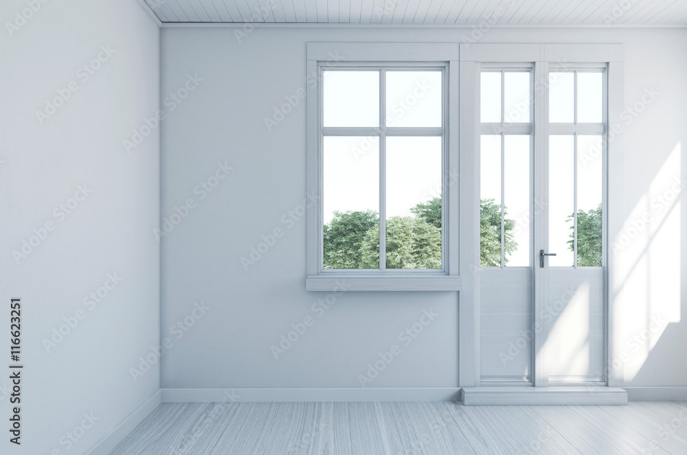 Fototapeta premium Empty monochromatic white room with entrance