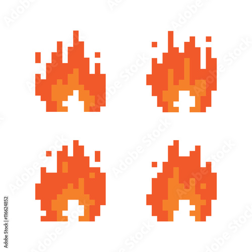 Pixel art style fire animation isolated vector illustration set