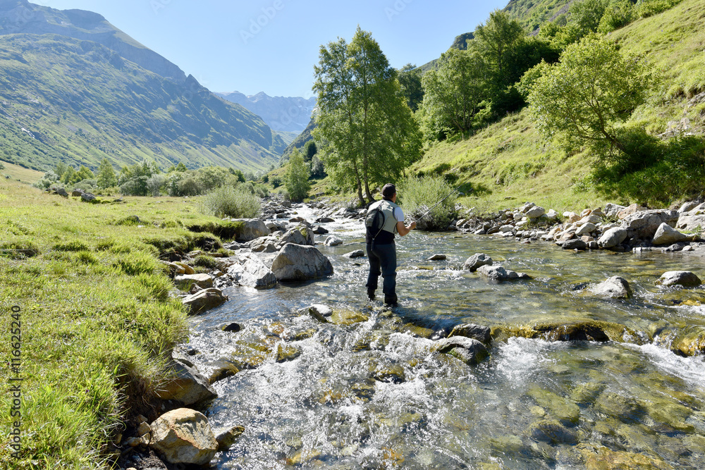 Flyfisherman fishing in mountain river Flyfisherman fishing in mountain river