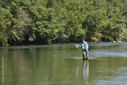 Flyfisherman fishing in mountain river