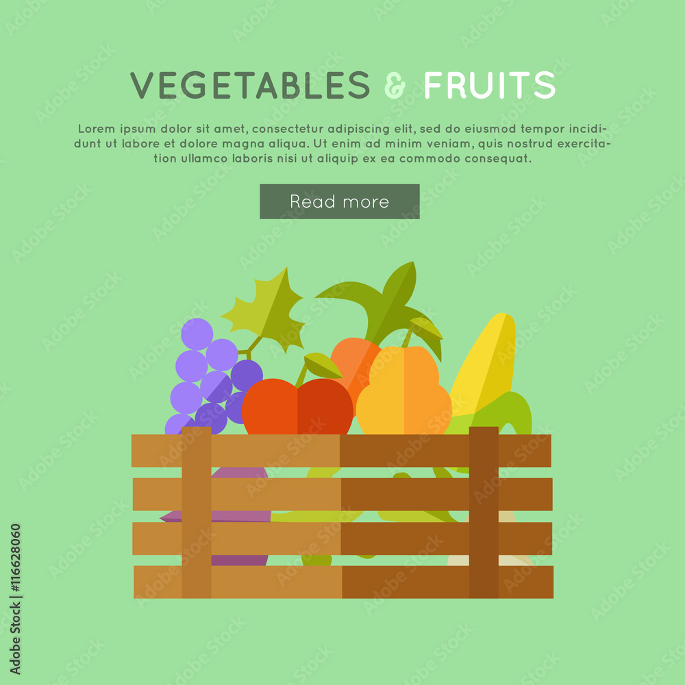 Fruits Vegetables Vector Banner in Flat Design. Fruits Vegetables Vector Banner in Flat Design.