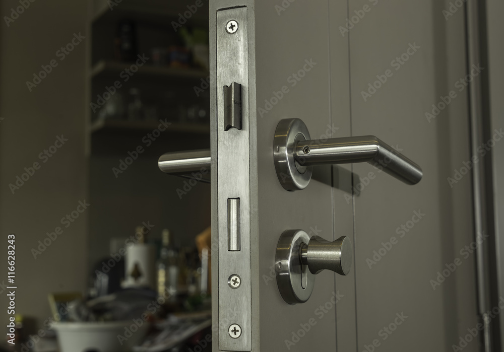 close-up the door face lock and silver handle in the room close-up the door face lock and silver handle in the room