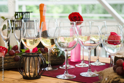 Reception table. Wine, glasses, champagne