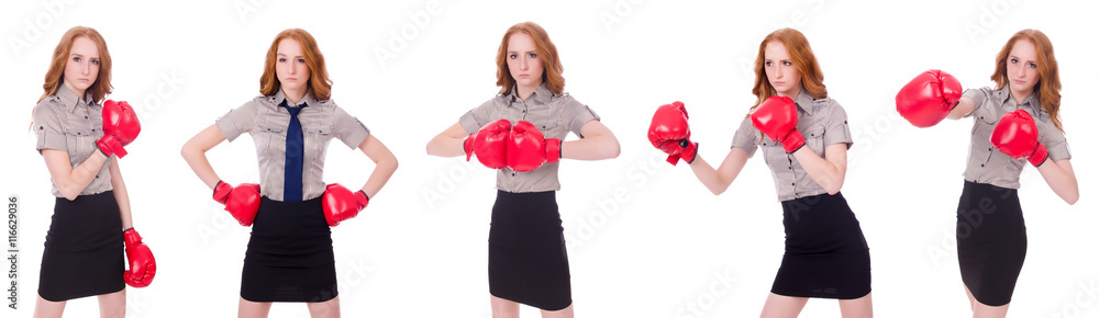 Collage of woman businesswoman with boxing gloves on white Collage of woman businesswoman with boxing gloves on white