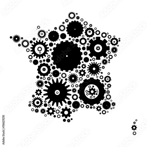 France map silhouette mosaic of cogs and gears. Black vector illustration on white background.