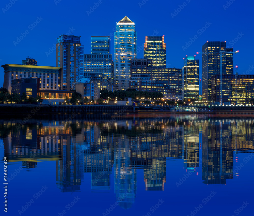 Canary Wharf, financial hub in London in the evening