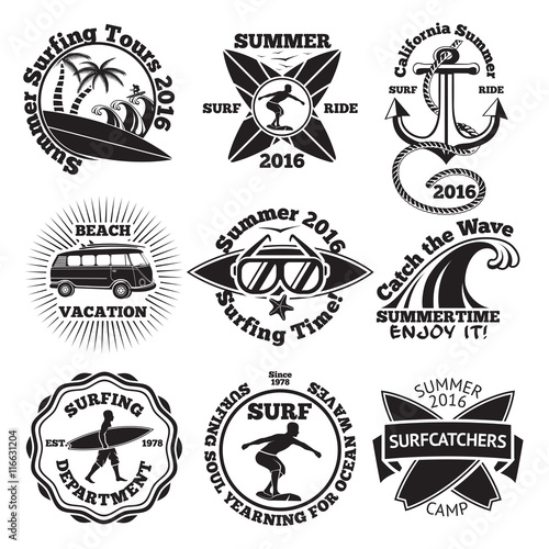 Canvas Print Set of vintage surfing labels with - surfboard, surfer, palms, anchor, sunglasses, wave etc
