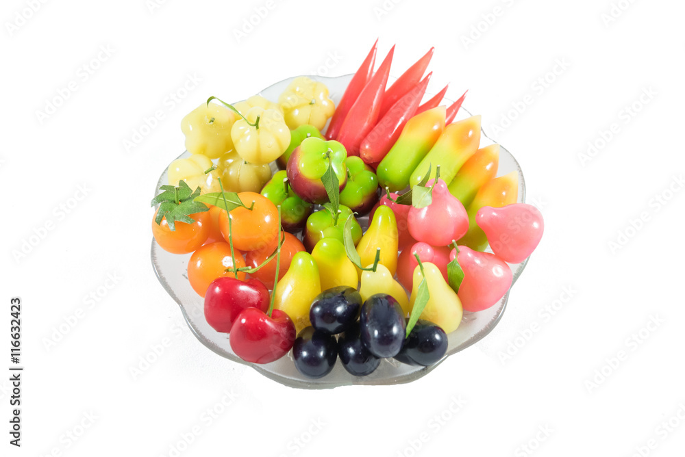 Coloful of Thai style marzipan fruits on dish isolate on white b