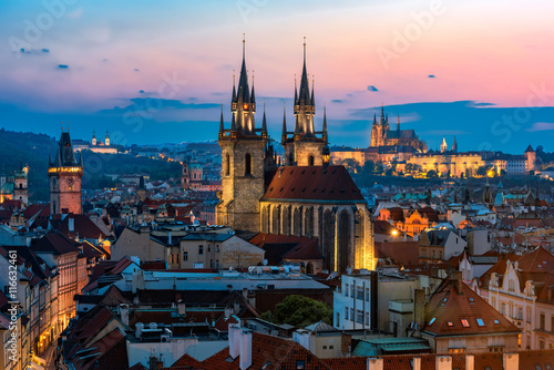 Fototapeta Naklejka Na Ścianę i Meble -  Night aerial view of Prague old town