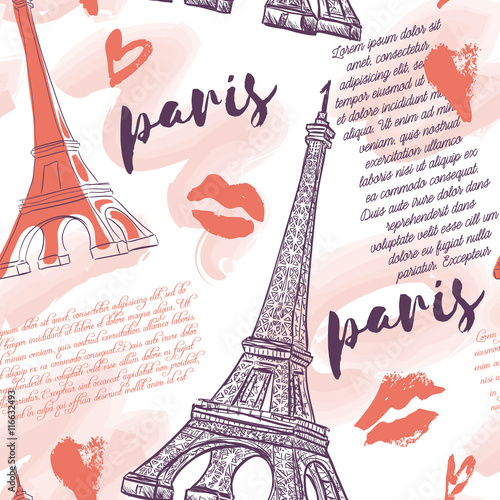Paris. Vintage seamless pattern with Eiffel Tower, kisses, hearts and watercolor splashes. Retro hand drawn vector illustration.