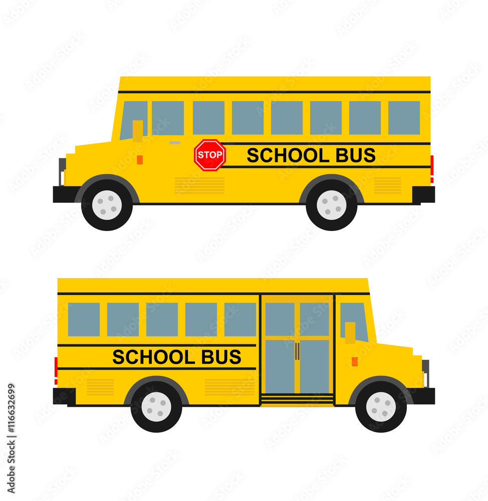 school bus in flat style side view isolated on white background