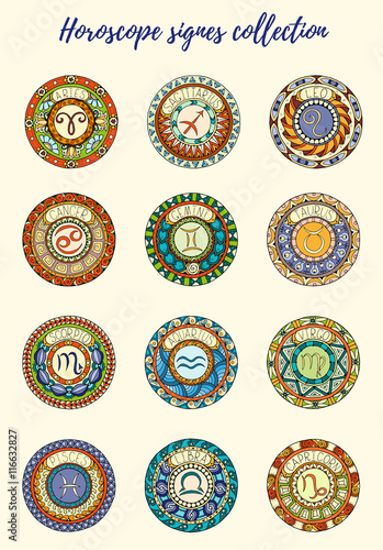 Zodiac signs theme. Set of mandalas with libra zodiac signs. Zentangle inspired mandalas.
