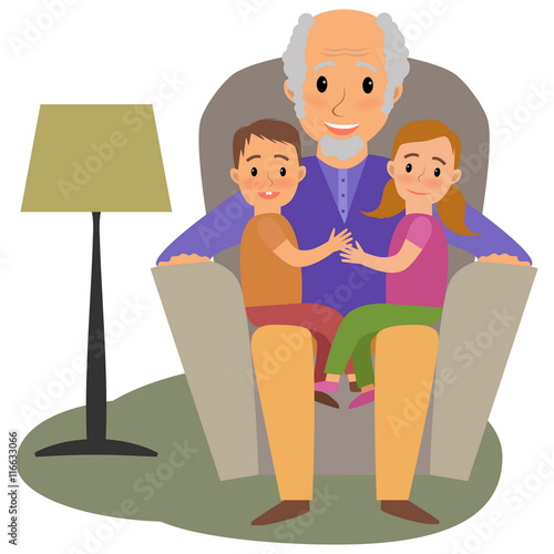 grandchildrens and granddad on the sofa