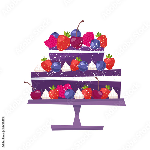 Sweet chocolate cake for birthday holiday. Vector illustration. Isolated on white background.