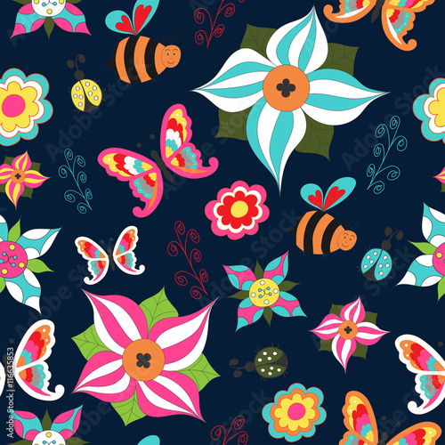 Summer floral seamless with butterfly, bee, ladybird and bush on a blue background