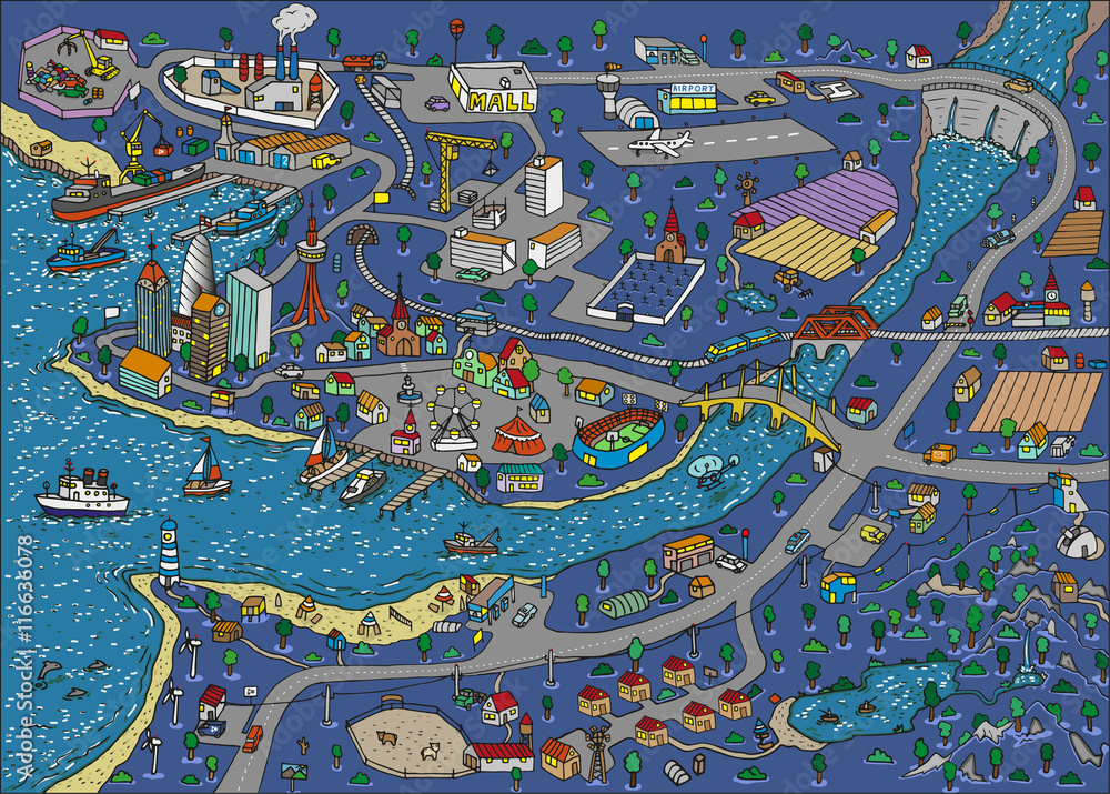 Naklejka premium Doodle town at night. Map. Isolated.