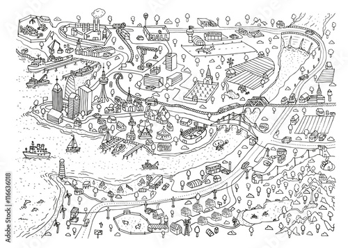 Doodle town. Map drawn by hand. Vector. Isolated.