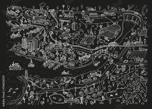 Doodle town. Map drawn by hand. Vector. Isolated.