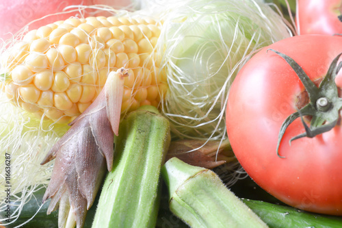 Summer fruits, vegetables; gumbo(okura), corn, tomato, Zingiber mioga, peach, watermelon photo