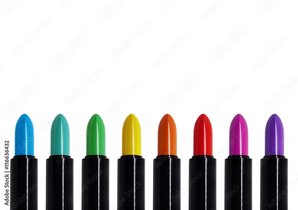 Row of rainbow lipsticks forming a line Row of rainbow lipsticks forming a line