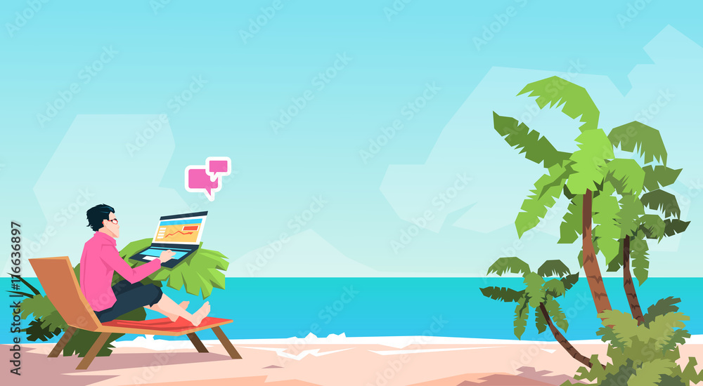 Business Man Freelance Remote Working Place On Sunbed Businessman Using Laptop Beach Summer Vacation Tropical Island