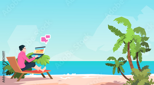 Business Man Freelance Remote Working Place On Sunbed Businessman Using Laptop Beach Summer Vacation Tropical Island