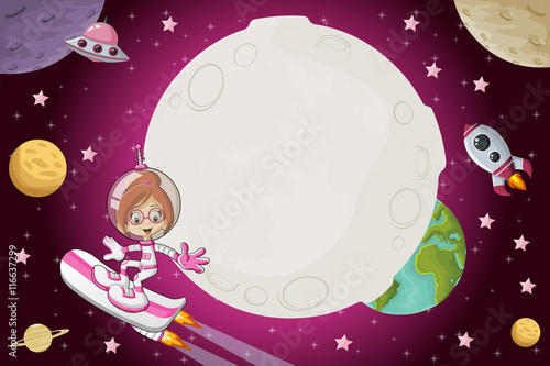 Astronaut cartoon girl flying in the space with a futuristic rocket skate board.
