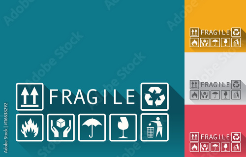 Set of fragile templates background in a flat design, various colors. Fragile symbols, elements. - stock vector
