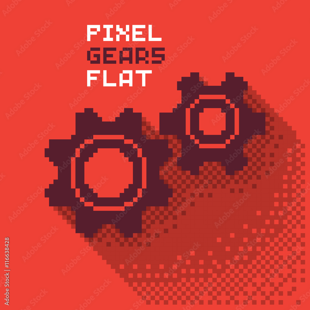 Pixel gears, cogwheels in a flat design, pixelated illustration. - Stock vector
