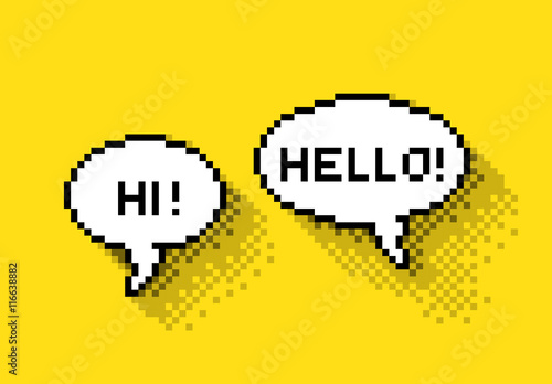Bubble greeting with Hi! and Hello!, flat pixelated illustration. - Stock vector